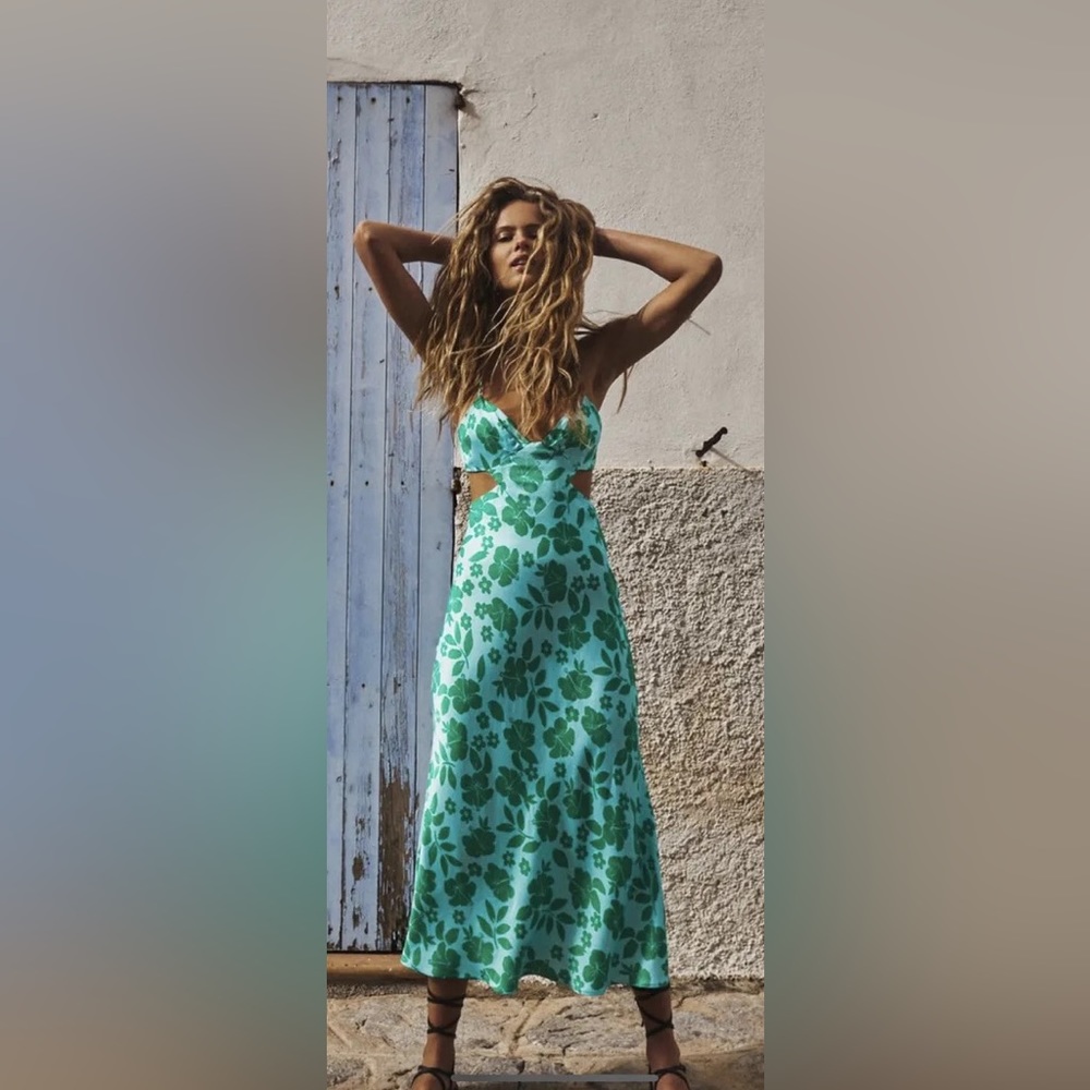 Zara Blue and Green Floral Print Cut Out Midi Dress